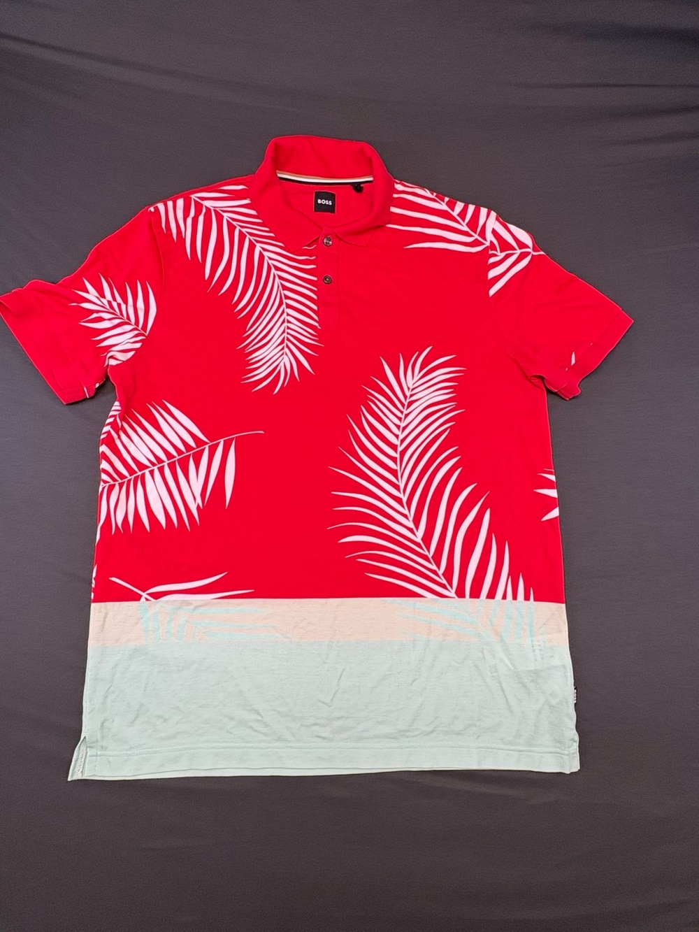 BOSS Hugo Boss Palm Print Polo Shirt Men's XL Red Mint Green Tropical Cotton
